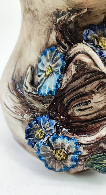 Sicilian Female Head Vase 38 cm – Handmade Floral Testa di Moro with Blue Flowers
