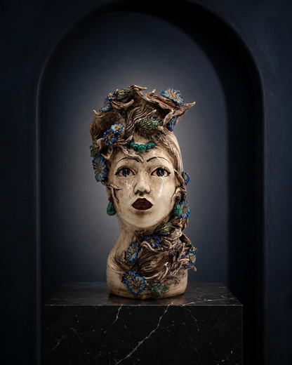 Sicilian Female Head Vase 38 cm – Handmade Floral Testa di Moro with Blue Flowers