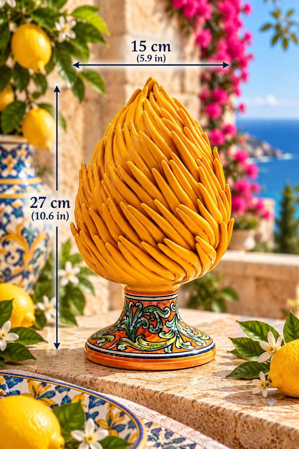 Yellow Pigna Siciliana ceramic decoration with traditional Caltagirone painted base