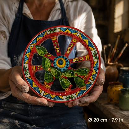 Yellow ceramic Sicilian cart wheel hanging on a white wall, with green leaf patterns and raised prickly pear decorations.