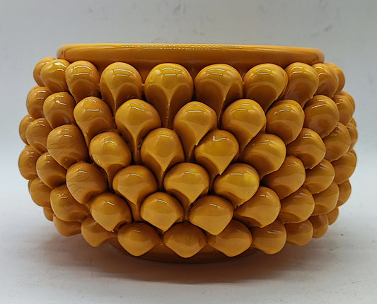 Authentic yellow Caltagirone ceramic flower pot with sculpted Sicilian pine cone design